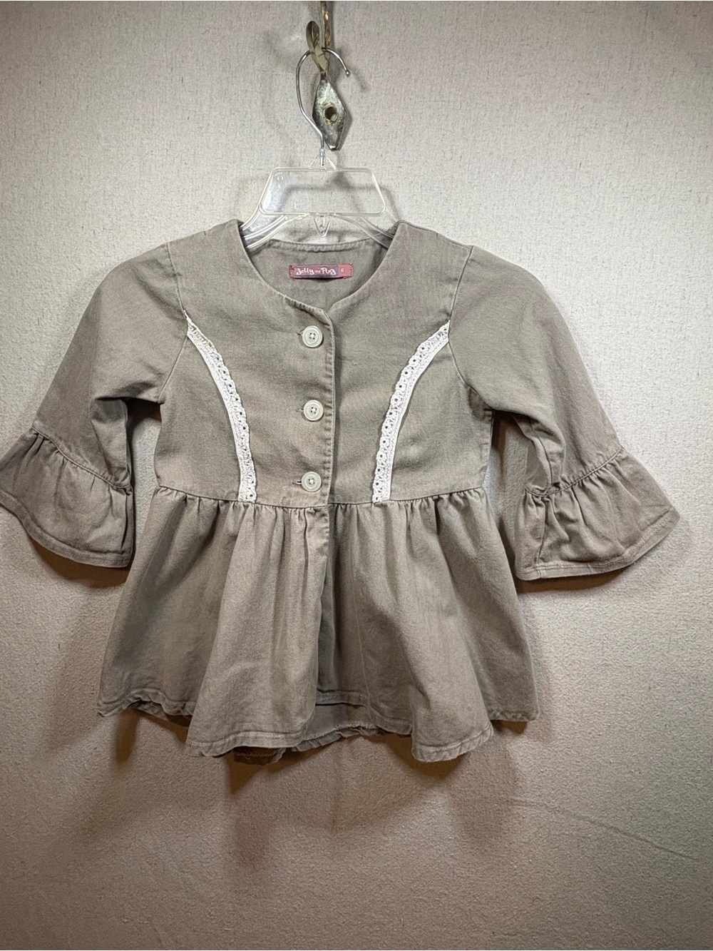 Jelly The Pug Beige/Grey Peplum Button Front Top with Lace Trim